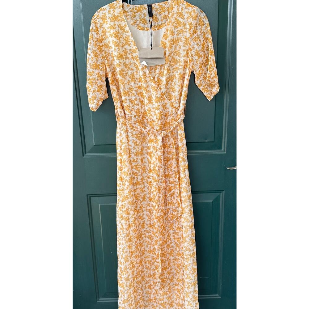 NWT Y.A.S. Mustard Yellow Floral Faux Wrap Maxi Dress M Cottagecore Fall